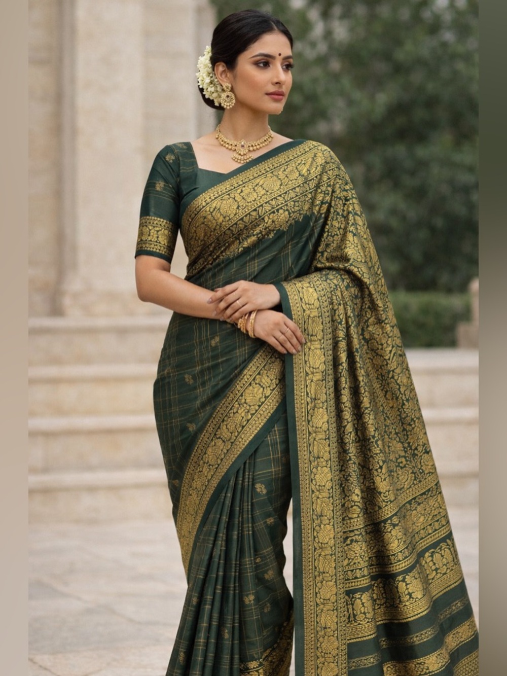 Kumaran Silks Green Patterned Kanjivaram Silk Saree with blouse piece